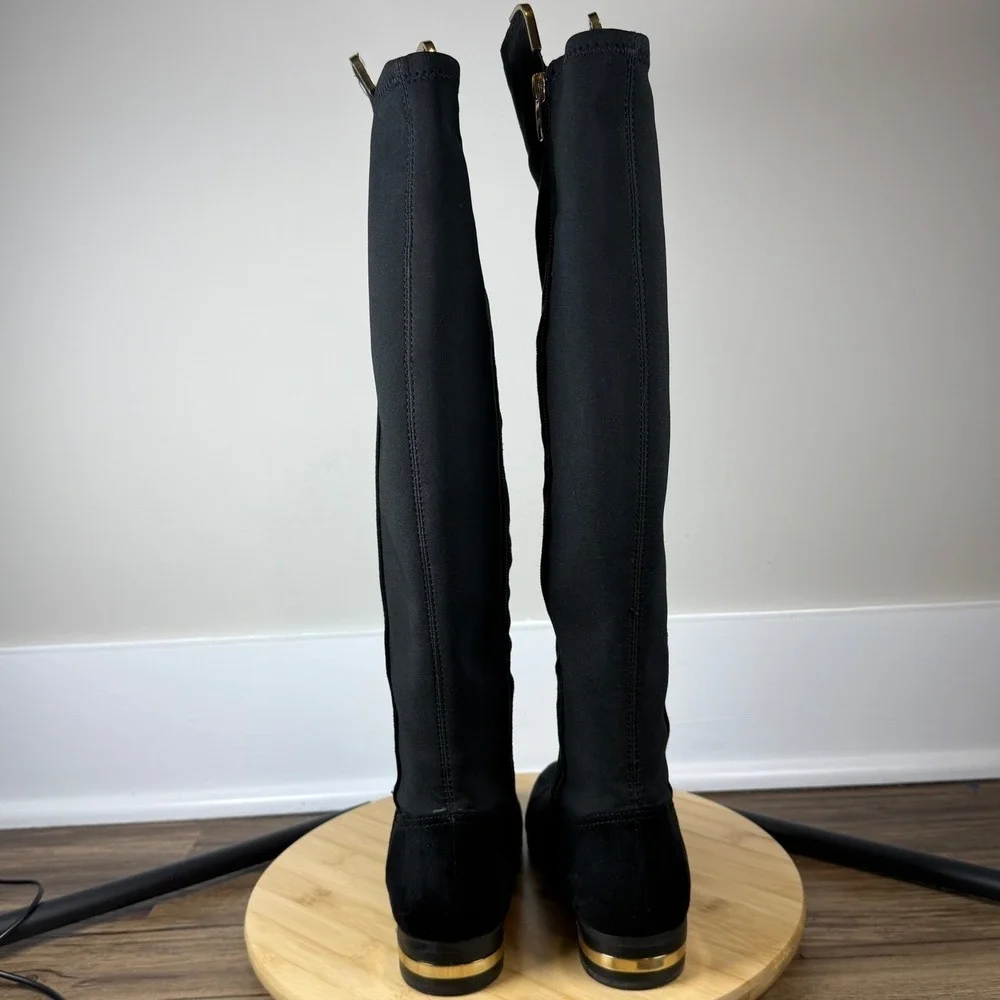 Marc Fisher Knee High Boots Women 6M Black Good Gold Detail Faux Suede Stretch